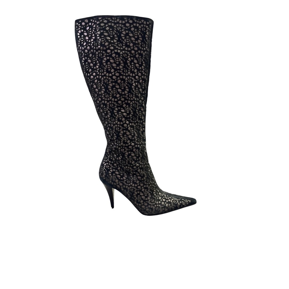 St. John Black‎ Suede Laser Cut Knee High Boots Pointed Toe Stiletto Italy 7.5B - Picture 4 of 11